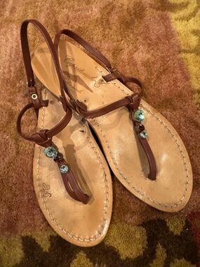 Capritouch handmade Brown Leather T-Strap Sandals with Gem Accents Sz 9